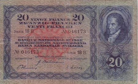 Suisse 20 Francs 1944 -  Johann Heinrich Pestalozzi - Croix Suisse
