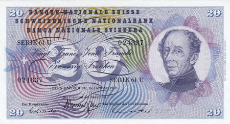 Suisse 20 Franken - Général Guillaume Henri Dufour - 1969  - Sign. 45
