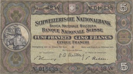 Suisse 5 Francs William Tell - 22-02-1951 Série 48 W - TTB - P.11o
