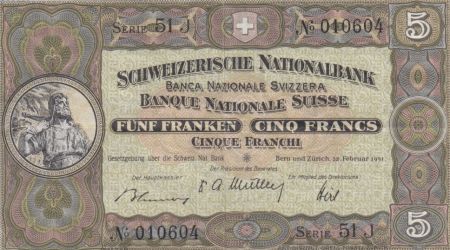 Suisse 5 Francs William Tell - 22-02-1951 Série 51 J - TTB - P.11o