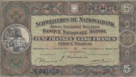 Suisse 5 Francs William Tell - 31-08-1946 Série 29 S  - TTB - P.11h