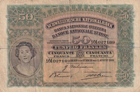 Suisse 50 Francs Tête de Femme - 03-08-1939 - Série 9M