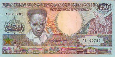 Suriname 250 Gulden Anton De Kom - Toucan et fleurs