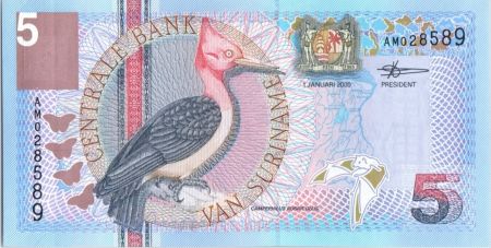 Suriname 5 Gulden Oiseaux: Red-Necked Woodpecker - 2000