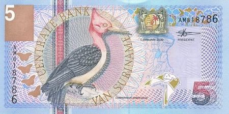 Suriname 5 Gulden Oiseaux: Red-Necked Woodpecker - 2000