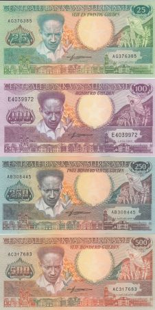 Suriname Série de 4 billets du Suriname - 25 à 500 Gulden 1986-1988