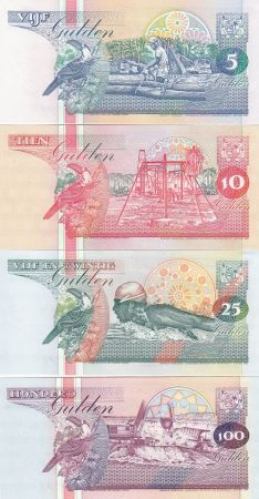 Suriname Série de 4 billets du Suriname - 5 à 100 Gulden 1996-1998