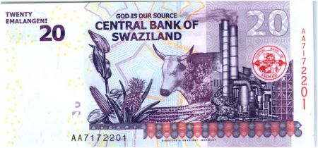 Swaziland 20 Emalangeni Roi Mswati III - Vache et culture 2014