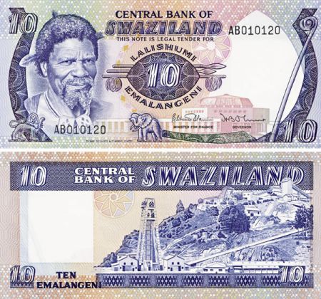 Swaziland Billet 10 Emalangeni SWAZILAND 1985 - Roi Sobhuza II