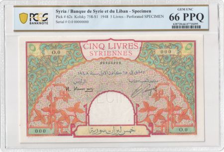 Syrie 5 Livres 1948 - Banque de Syrie et du Liban - Spécimen - P.62s - PCGS 66 PPQ
