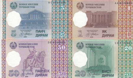 Tadjikistan Série 4 billets  - 1, 5, 20 et 50 Dirams  - 1999