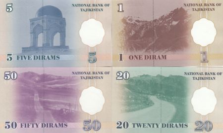 Tadjikistan Série 4 billets  - 1, 5, 20 et 50 Dirams  - 1999