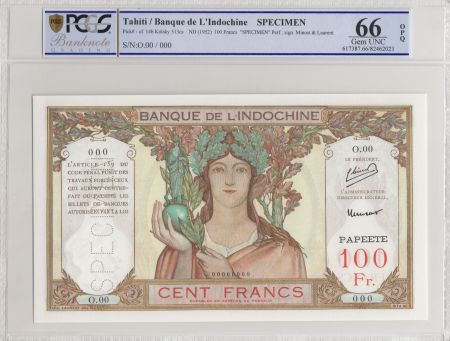 Tahiti 100 Francs ND1952 Spécimen - PCGS MS 66 OPQ