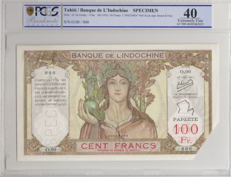 Tahiti 100 Francs ND1952 Spécimen, coin coupé pour annulation - PCGS MS 64