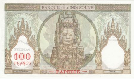 Tahiti 100 Francs Ruines d\'Angkor - 1939 (1957) Spécimen - Série O.00 n° 0246