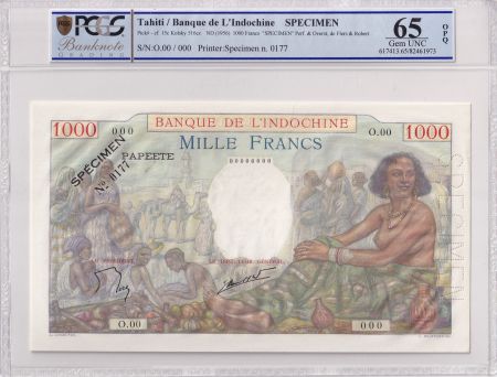 Tahiti 1000 Francs - Femme assise - Spécimen n°0177 - ND (1956) - Kol.516cs - PCGS 65 OPQ