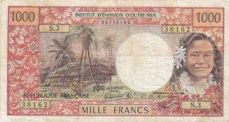 Tahiti 1000 Francs ND1977 - Tahitienne, Hibiscus, paysage, cerf - Sign 3A