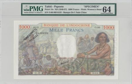 Tahiti 1000 Francs Scène de marché - 1938 - Spécimen PMG 64