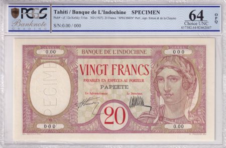 Tahiti 20 Francs - Au paon - Spécimen - ND (1927) - PCGS 64 OPQ