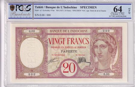 Tahiti 20 Francs - Au paon - Spécimen - Papeete - Banque de l\'Indo-Chine - ND (1927) - PCGS 64 OPQ