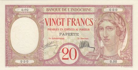 Tahiti 20 Francs - Papeete - Banque de l\'Indochine 1928 - Spécimen - NEUF