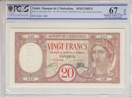 Tahiti 20 Francs Au paon - Spécimen - Papeete - Banque de l\'Indo-Chine - 1928