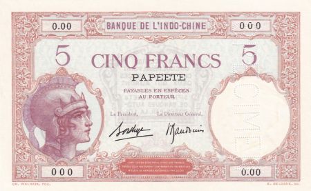 Tahiti 5 Francs - Walhain - ND (1936) - Spécimen