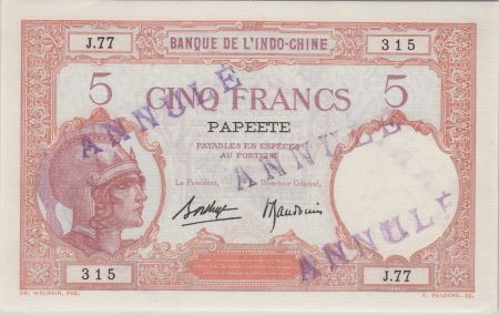 Tahiti 5 Francs femme casquée ND1927, spécimen, Annulé - PCGS MS 62 - Série J.77