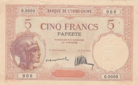 Tahiti 5 Francs Walhain - 1927, spécimen - Signature Montplanet, Thion de la Chaume - Rare