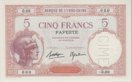Tahiti 5 Francs Walhain - ND1927, spécimen - PCGS MS 66