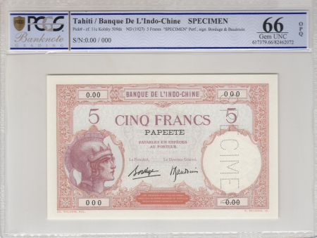 Tahiti 5 Francs Walhain - ND1927, spécimen - PCGS MS 66