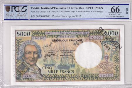 Tahiti 5000 Francs - Bougainville - Trois-mâts - Spécimen - ND (1985) - PCGS OPQ 66 - P.28ds