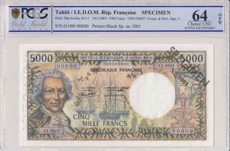 Tahiti 5000 Francs Bougainville - Trois-mâts - PCGS 64 OPQ