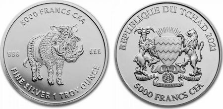 Tchad 5000 Francs Phacochère Mandala - Once Argent 2021