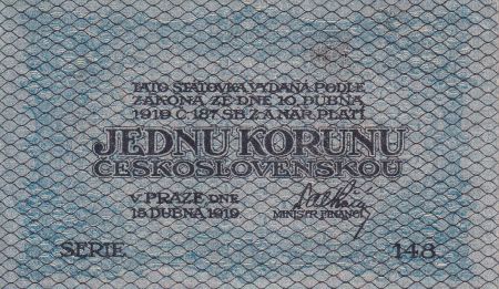 Tchécoslovaquie 1 Koruna - Bleu - 1919 - P.6a