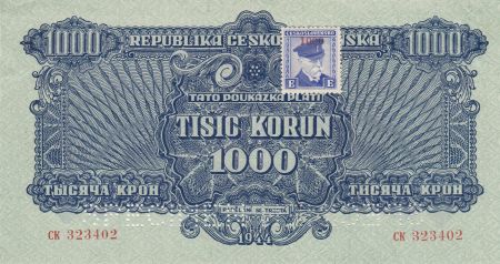 Tchécoslovaquie 100 Korun 1944 - Bleu - Série CK - Spécimen, avec timbre