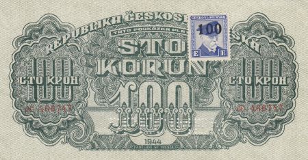 Tchécoslovaquie 100 Korun 1944 - Vert - Série OO - Spécimen, avec timbre