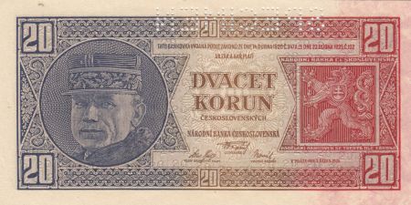 Tchécoslovaquie 20 Korun Rastislav Stefanik, A. Rasin -  1926 - Spécimen - Neuf - P.21
