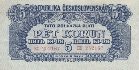 Tchécoslovaquie 5 Korun 1944 - Bleu - Série EC