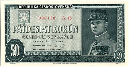 Tchécoslovaquie 50 Korun - Général R Stéfanik - 1948