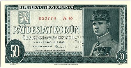Tchécoslovaquie 50 Korun - Général R Stéfanik - 1948 Perforé S