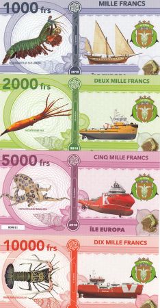 Terres Australes Françaises Série 4 billets Ile Europa - Crustacés, Navires - 2018 - Fantaisie