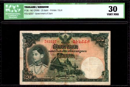 Thaïlande 20 Baht Roi Rama VIII - Temple - ICG VF 30 - 1939