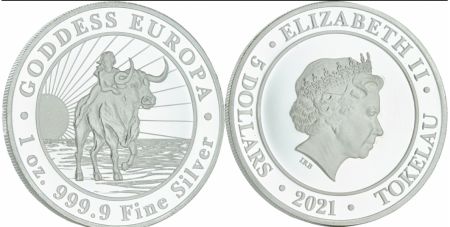 Tokelau 5 Dollars Elisabeth II - Déesse Europe - 2021 Once Argent