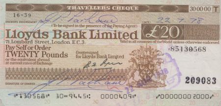 Travellers chèque 20 Pounds - Grande Bretagne 1973 à 1981