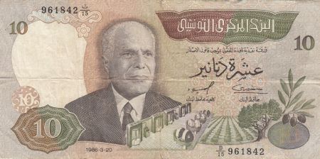 Tunisie 10 Dinars 1986 -  H. Bouguiba, Olives, Plateforme pétrolière
