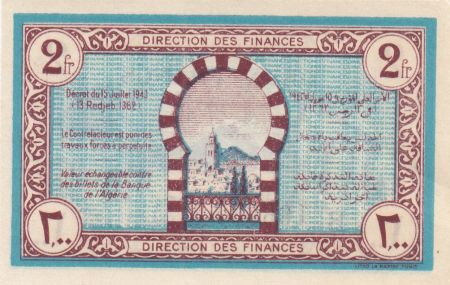 Tunisie 2 Francs - Régence de Tunis - 15.07.1943 - Série B