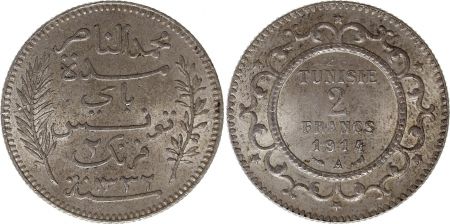 Tunisie 2 francs Bey Mohamed El-Naceur 1914 (1332)