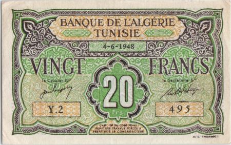 Tunisie 20 Francs Vert et brun - 1948
