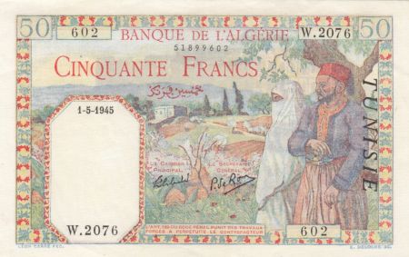 Tunisie 50 francs Couple traditionnel - 1945 - P.12a - SUP+ Série W.2076